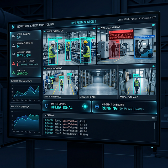 FlexOB AI Güvenlik Paneli — gerçek zamanlı kamera görüntüleri ve tespit katmanları